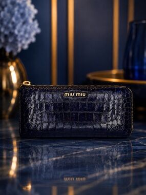 Miu Miu Navy Croc Embossed Leather Long Zip Wallet | Authentic with Box